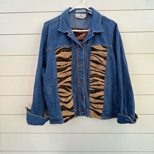 Erin London Blue Denim Jacket with Tiger Print